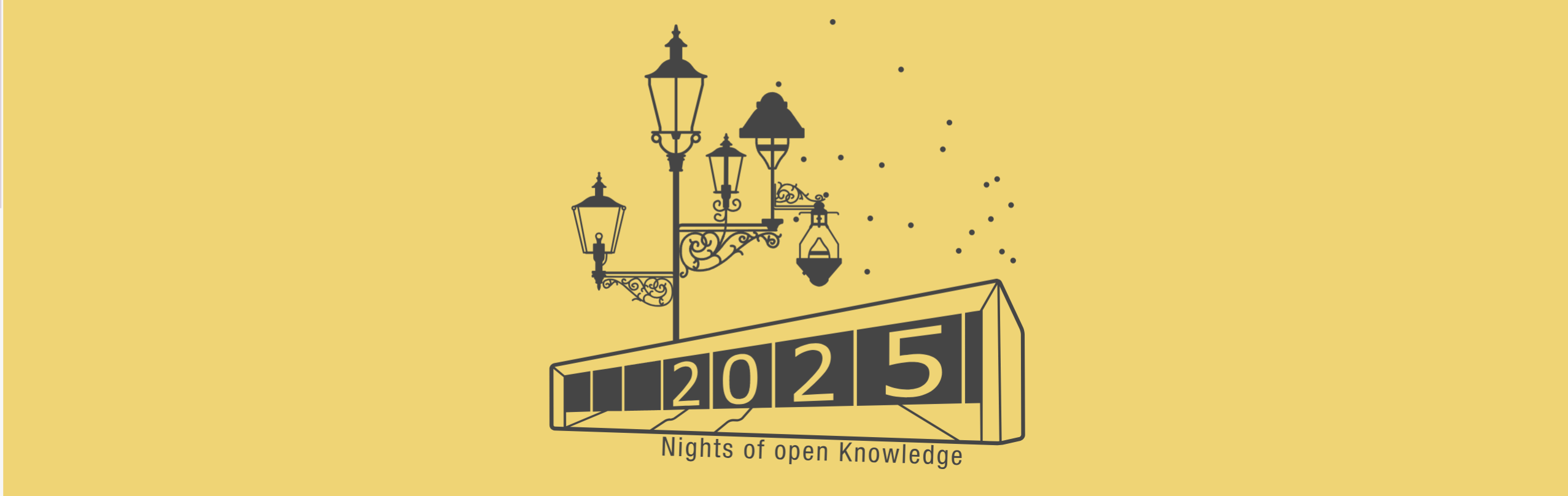 Eine gezeichnete Laterne mit vielen unterschiedlichen Lichtern, das Logo des Events, über dem Schriftzug 2025 Night Of Open Knowledge