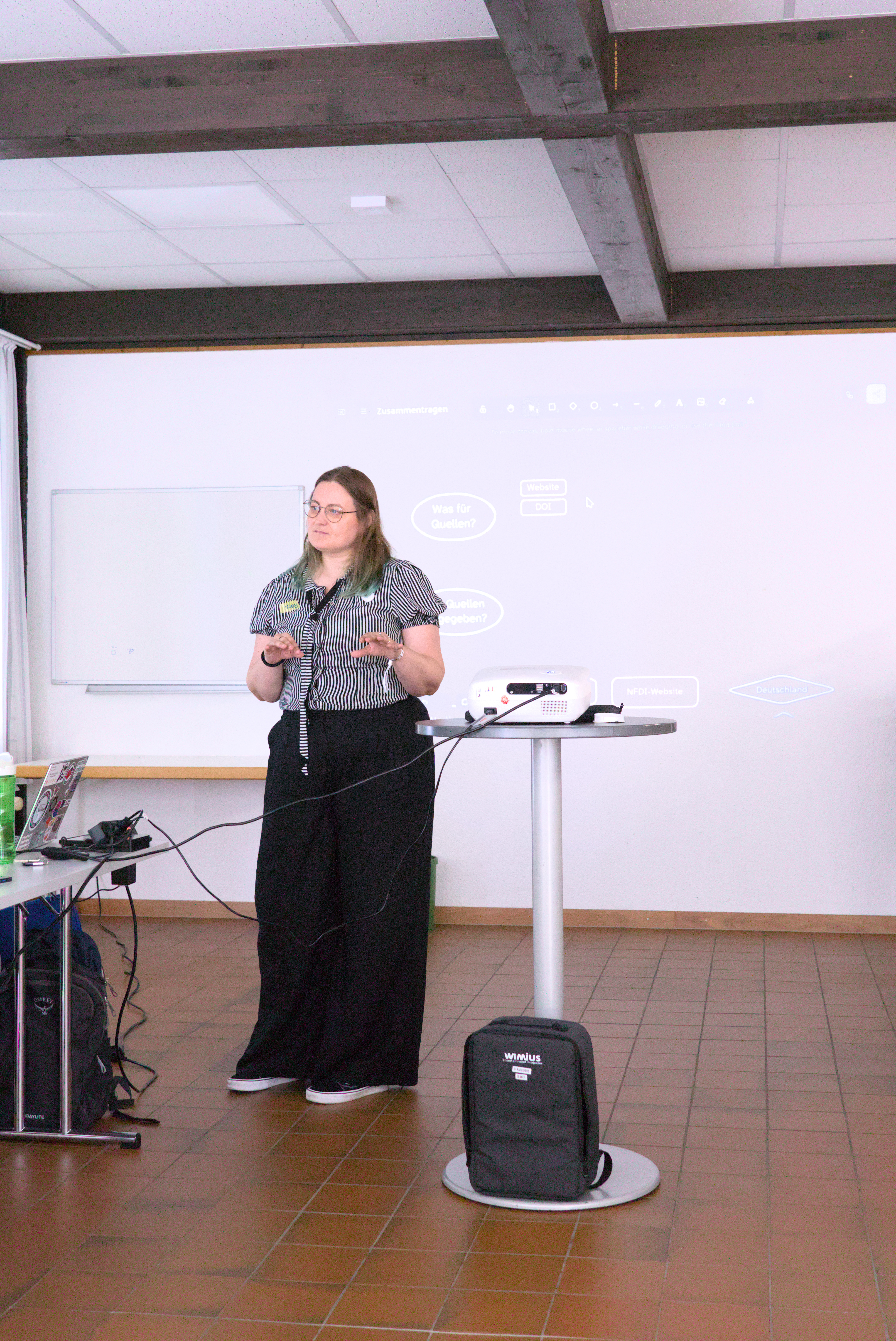 Claudua steht neben dem Projektor. Die Folie im Hintergrund ließt 'Was für Quellen?' und 'Quellen gegeben?'